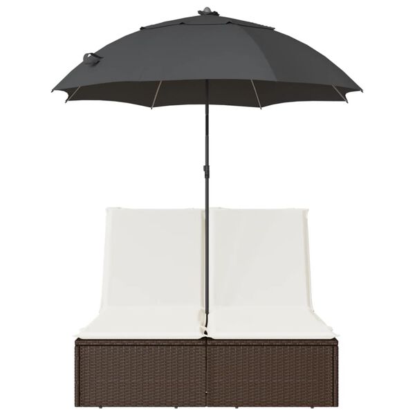 vidaXL Double Sun Lounger with Cushions&Parasol Brown Poly Rattan