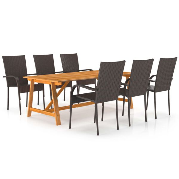 vidaXL Dining Set Brown Solid acacia wood, PE rattan, powder-coated steel