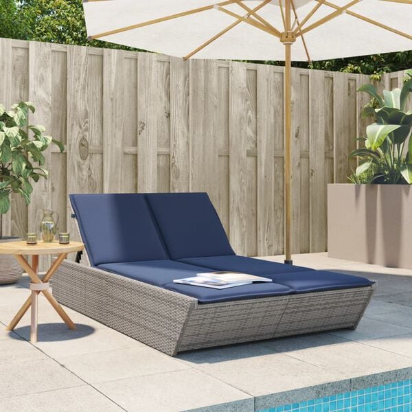 vidaXL Patio Double Sun Lounger Gray PE Rattan Double