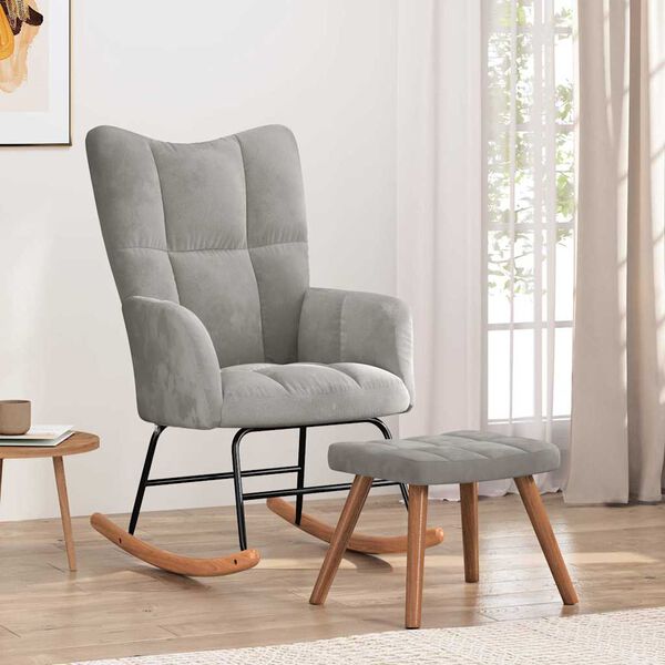 vidaXL Rocking Chair With Stool Light Gray Velvet Medium Rocking Chair