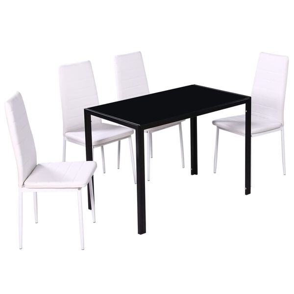 vidaXL Dining Set Black and White Tempered Glass, Iron, Faux Leather, Wood