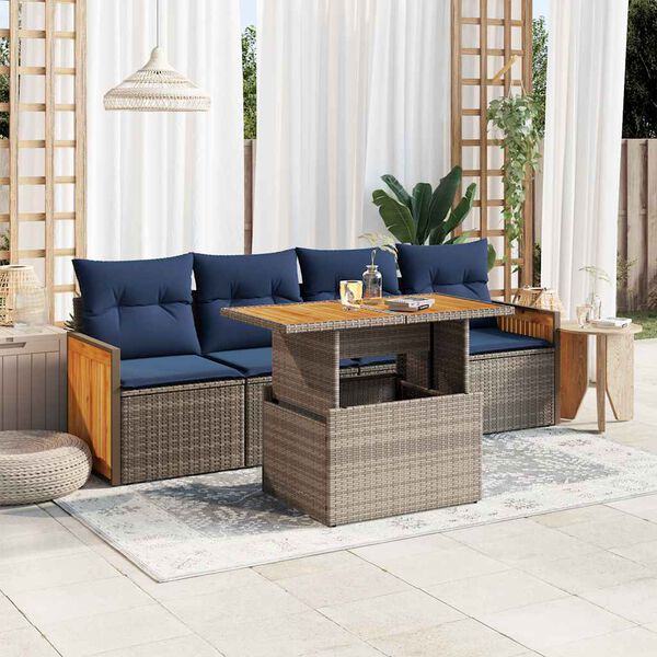 vidaXL 5 Piece Patio Sofa Set with Cushions Gray Poly Rattan Acacia
