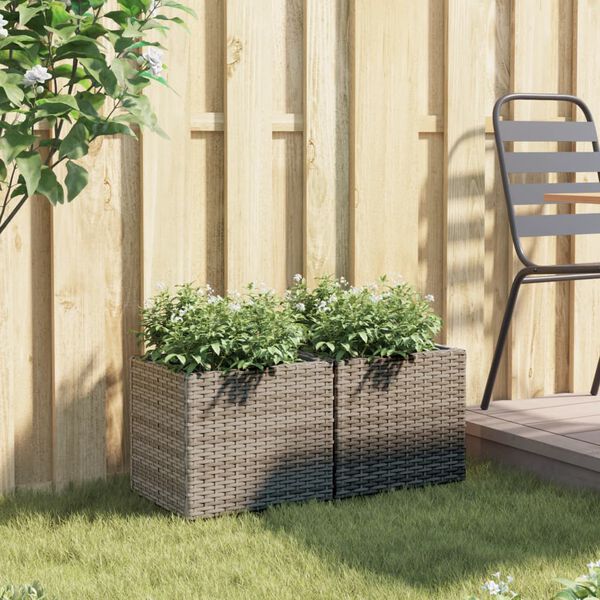 vidaXL Garden Planter Set of 2 Grey Powder-coated steel, PE rattan Small