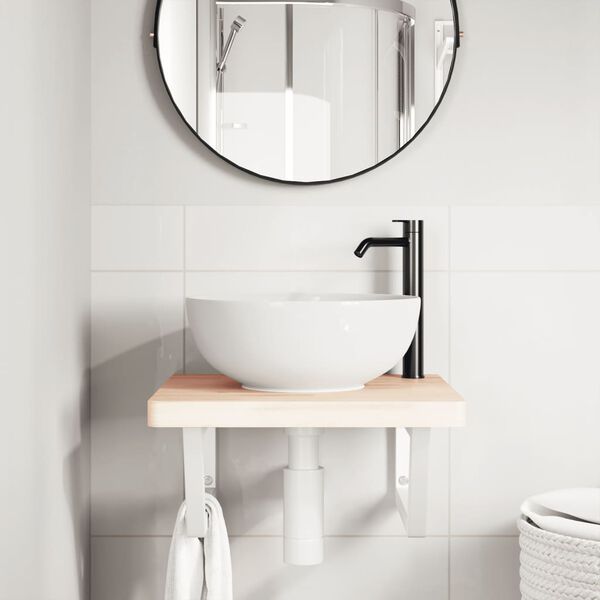 vidaXL Basin Shelf White, Natural Wood Solid Beech Wood, Steel Compact