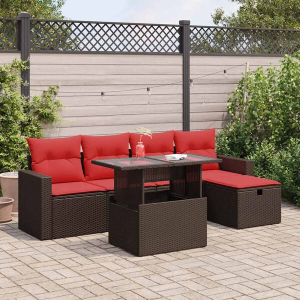 vidaXL 6 Piece Patio Sofa Set with Cushions Brown Poly Rattan Acacia