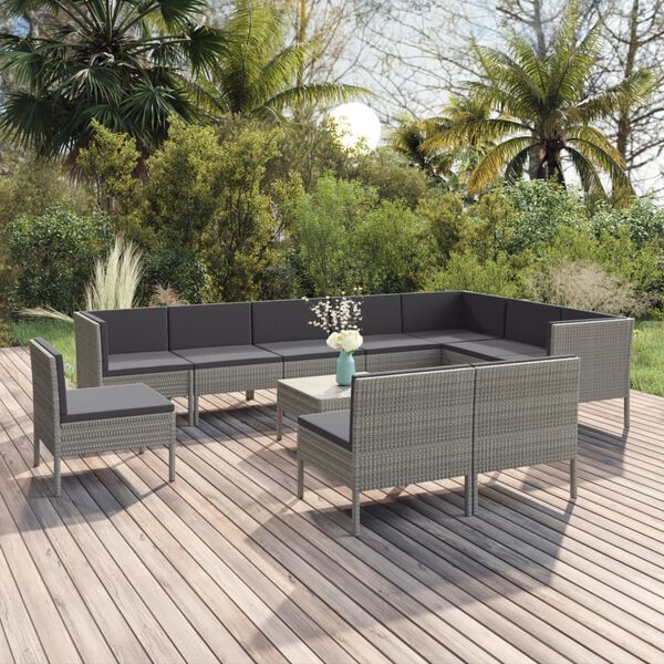 vidaXL Garden Lounge Set Gray PE Rattan, Powder-Coated Steel, Polyester
