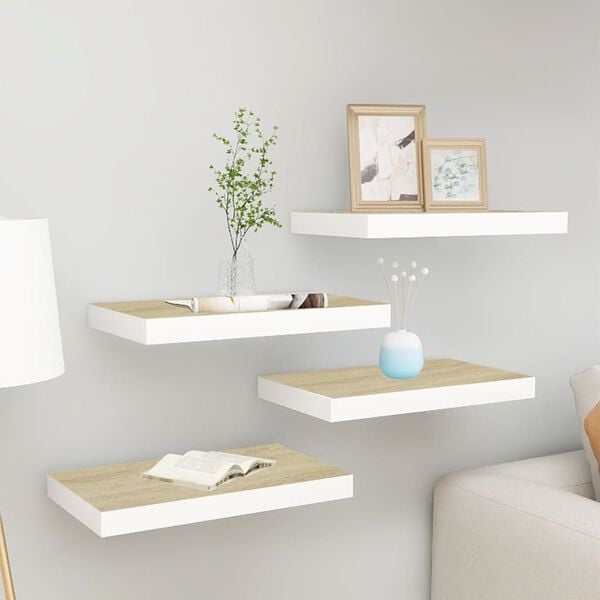 vidaXL Wall Shelf Set of 4 Oak and White Honeycomb MDF, Metal Medium