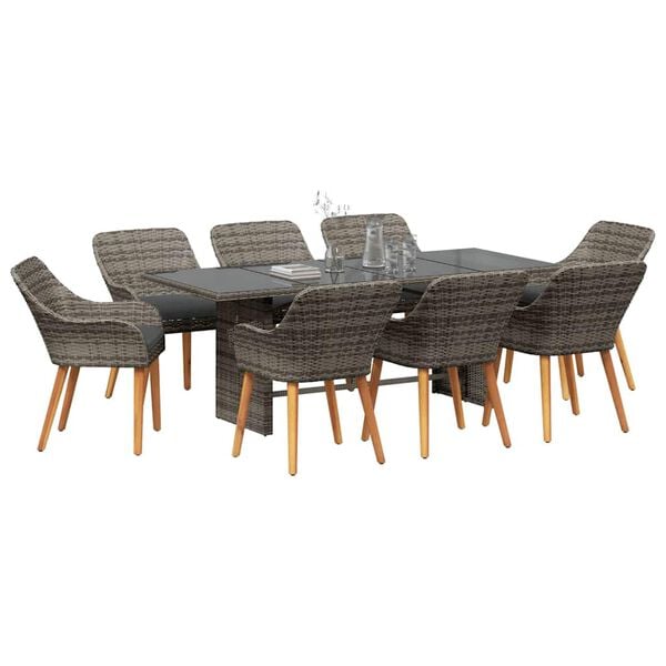 vidaXL Garden Dining Set with Cushion 9 pcs Gray poly rattan