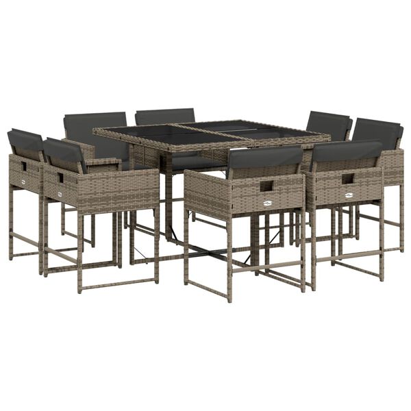vidaXL 9 Piece Patio Dining Set with Cushions Gray Poly Rattan