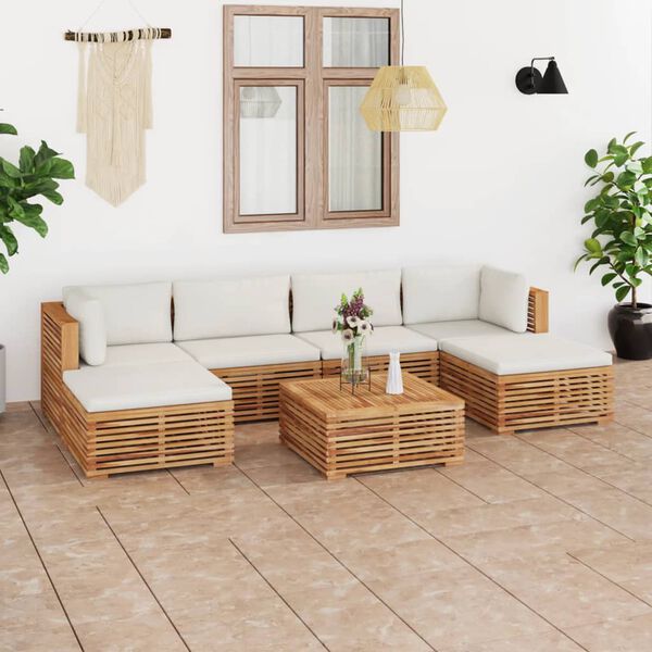 vidaXL 7 Piece Patio Lounge Set with Cream Cushion Solid Teak Wood