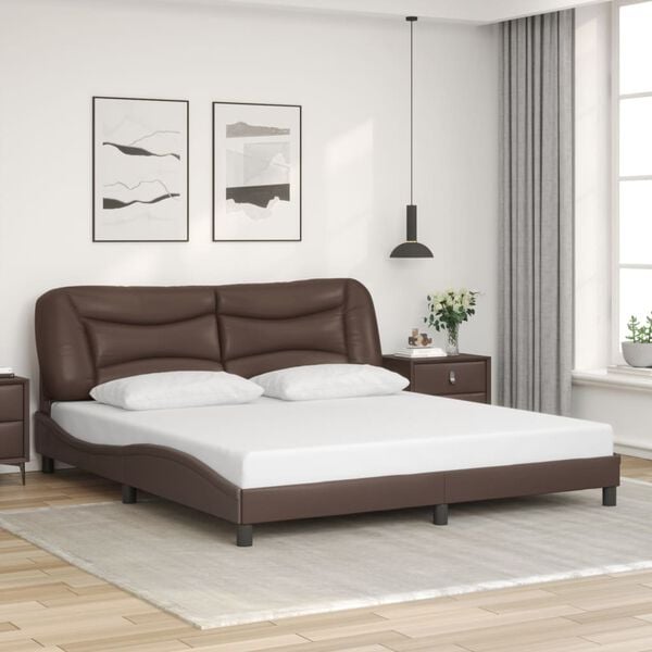 vidaXL Bed Frame Brown Faux leather, metal, solid pine wood, plywood