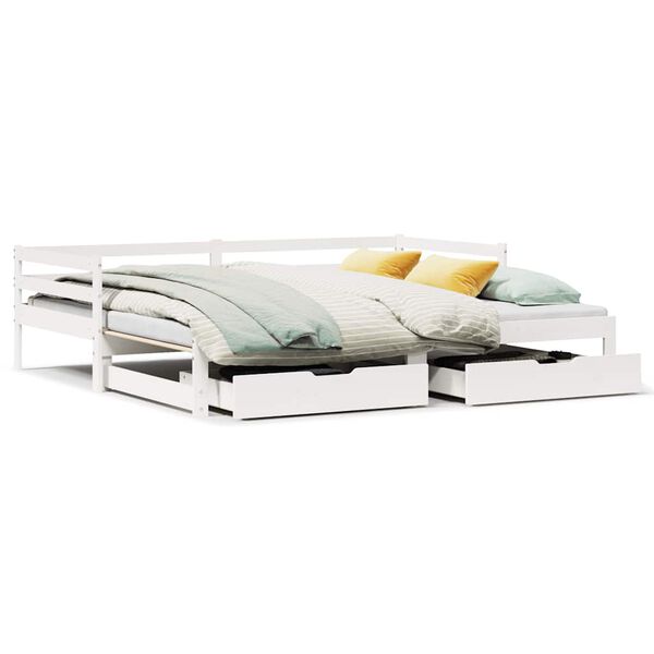vidaXL Daybed With Trundle White Solid pine wood Twin Extendable