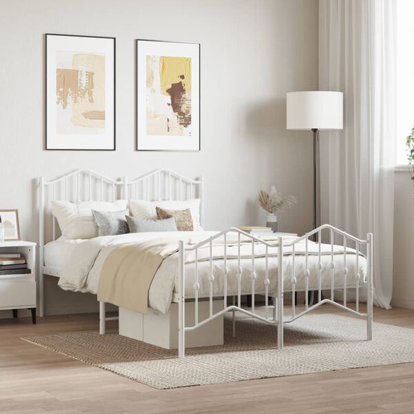 vidaXL Bed Frame White Powder-Coated Steel Small Double Bed Frame