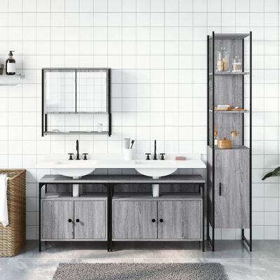 Bathroom vanity unit with double sink, matching wall cabinet, and tall cabinet with open shelving; in a tiled wall environment.