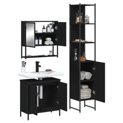 Full bathroom furniture set in black: tall cabinet, mirror cabinet, wall shelf, and vanity with sink, all matching