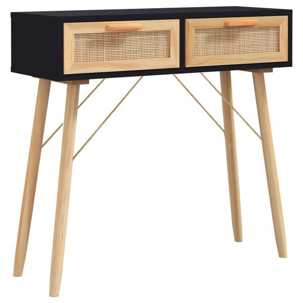 vidaXL Console Table Black Engineered wood, Solid Pine wood, Natural Rattan