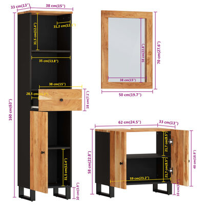 Technical diagram with dimensions of tall cabinet and mirror, indicating sizes in cm and inches.