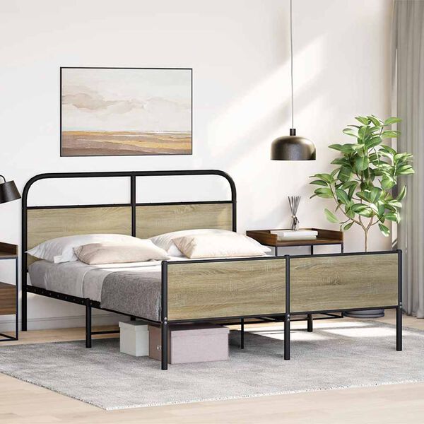 vidaXL Bed Frame Sonoma Oak Steel, Engineered Wood Full Bed Frame