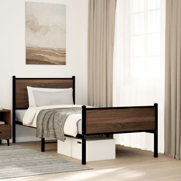 vidaXL Bed Frame Brown oak Steel, engineered wood Twin Bed Frame