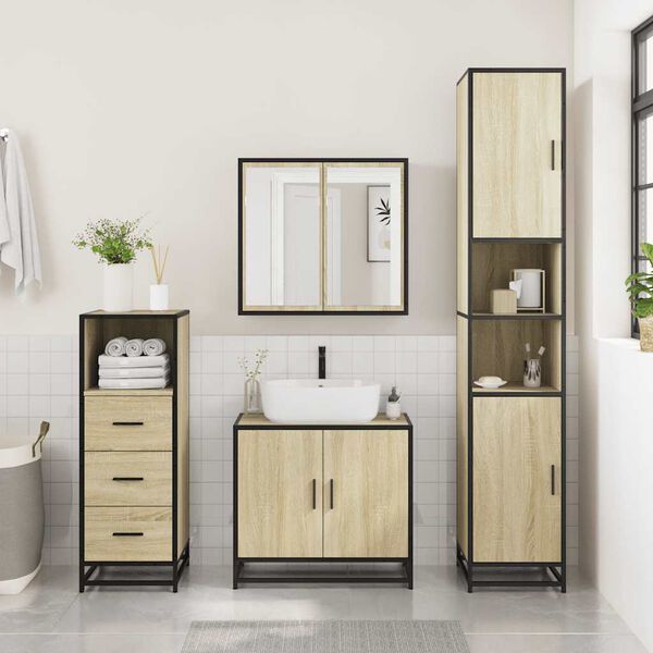 vidaXL Bathroom Furniture Set Sonoma Oak Engineered Wood, Metal, Glass