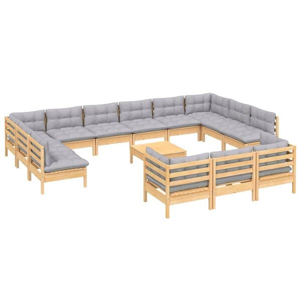 vidaXL Garden Lounge Set Grey, Pine Solid Pinewood, Fabric (Polyester)