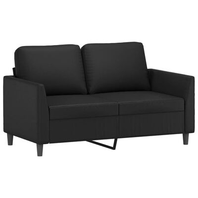 Close-up view of a black fabric loveseat showing two-seat cushions, armrests, and metal leg supports.