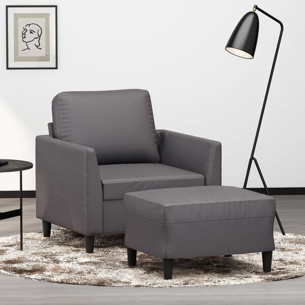 vidaXL Sofa Chair With Footstool Grey Faux leather, metal, plywood Compact