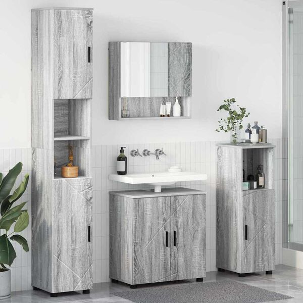 vidaXL Bathroom Furniture Set Wall-mounted with Door 4 pcs Grey Sonoma