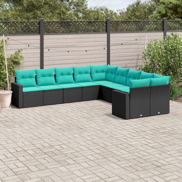 vidaXL Patio Sofa Set Black and Blue PE Rattan, powder-coated steel Large