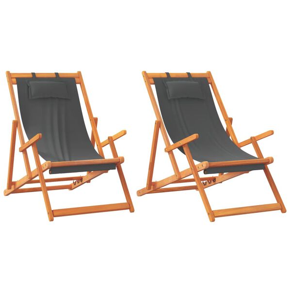 vidaXL Folding Beach Chair Set of 2 Grey Solid eucalyptus wood Medium