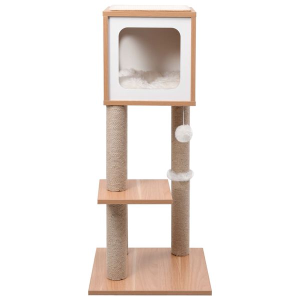 vidaXL Cat Tree Brown, White Wood, MDF, Jute, Sisal, Faux Fur