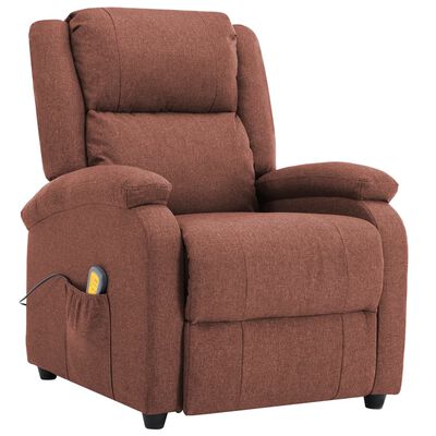 Brown upholstered recliner chair with padded armrests and small side pocket.