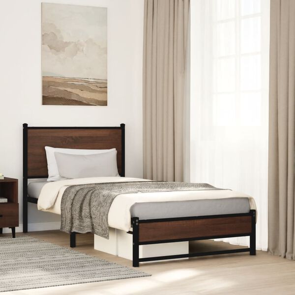 vidaXL Bed Frame Brown Oak Steel, Engineered Wood Twin Bed Frame