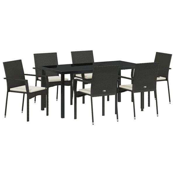 vidaXL Garden Dining Set with Cushion 7 pcs Black Poly Rattan