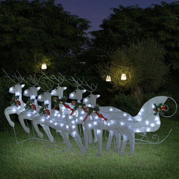 vidaXL Reindeer and Sleigh Christmas Decoration Set of 6 White Mesh