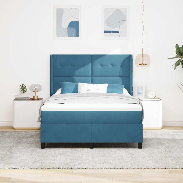 vidaXL LED Box Spring Bed with Mattress Blue 55.1" x 74.8" Velvet