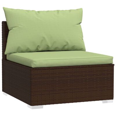 Close-up of a brown wicker single-seat ottoman with green seat cushion and back cushion.