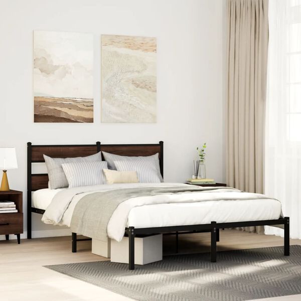 vidaXL Bed Frame Brown Oak Steel, Engineered Wood Full Bed Frame