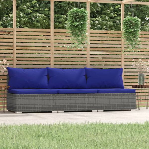 vidaXL 3-seater Sofa Grey PE rattan, powder-coated steel, plastic Standard