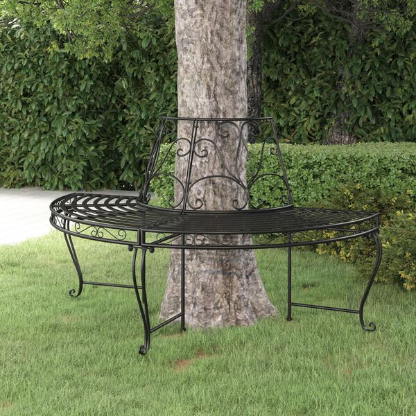 vidaXL Tree Bench Black Steel Half Round Decorative Inlays