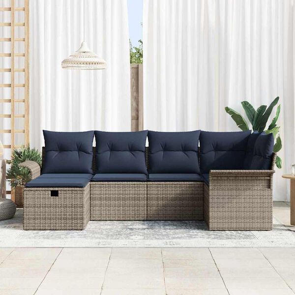 vidaXL Garden Sofa Set with Cushion 6 pcs Grey and Navy Poly Rattan