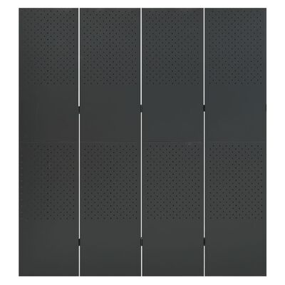 A dark grey modular wall with four vertical panels showing perforated and solid sections