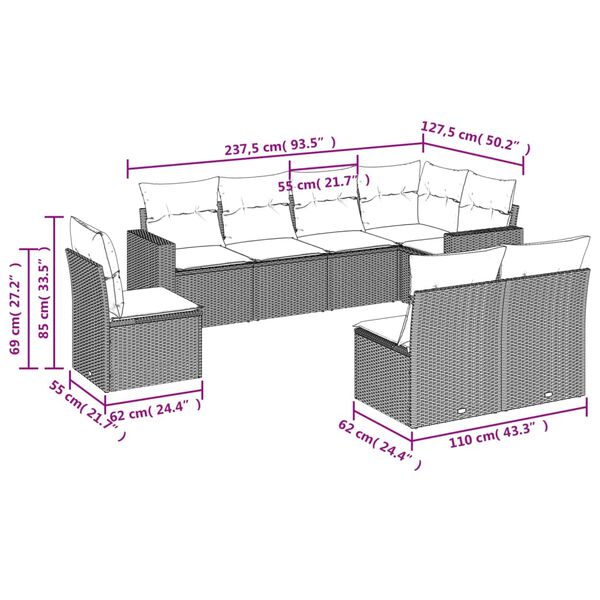 vidaXL Garden Sofa Set Grey PE rattan Large Modular Garden Sofa Set