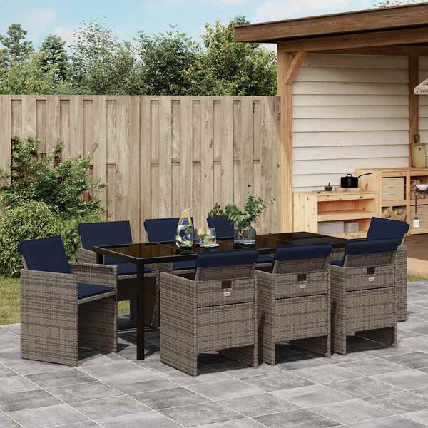 vidaXL Garden Dining Set with Cushion 9 pcs Grey Poly Rattan