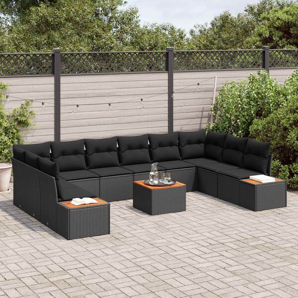 vidaXL Garden Sofa Set with Cushion 10 pcs Black Poly Rattan