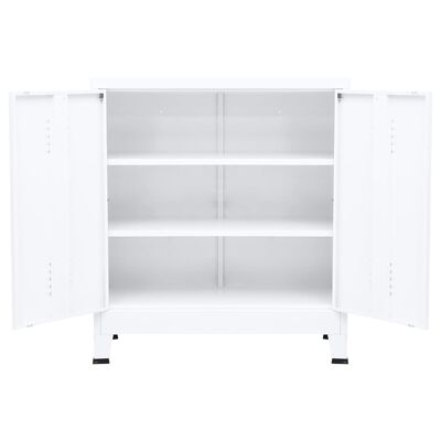 Open white storage cabinet revealing three shelves inside