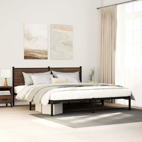 vidaXL Bed Frame Brown oak Steel 72.0 x 83.9 in Modern Bed Frame
