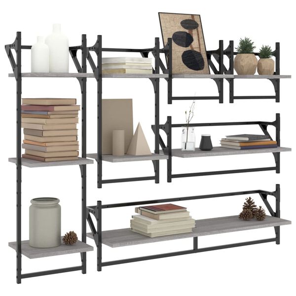 vidaXL Wall Shelf Set Set of 6 Gray Sonoma Engineered wood, metal Large