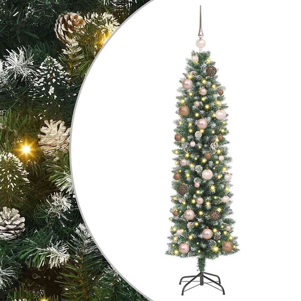 vidaXL Artificial Slim Christmas Tree Green and White 59.06 in