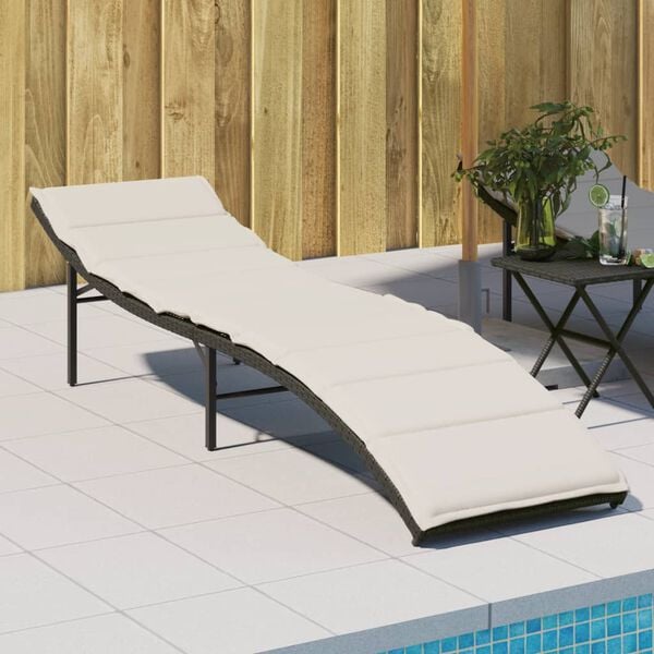vidaXL Sun Lounger Black Rattan with Cream White Cushion